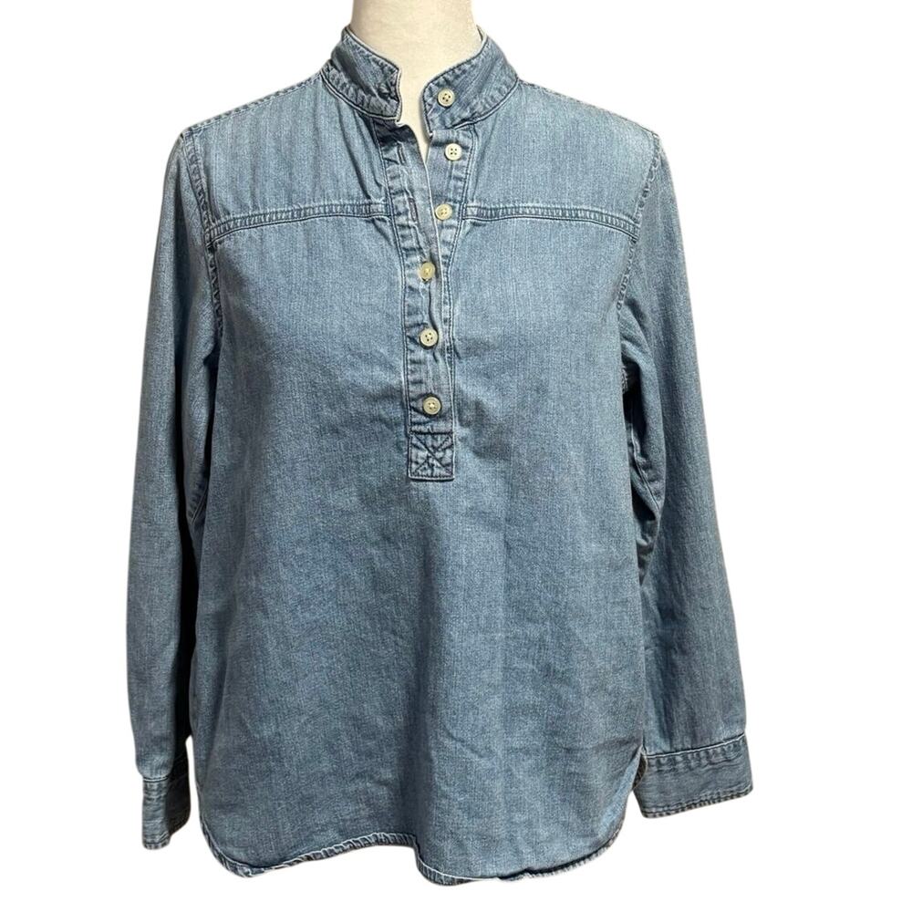 J Crew Size 2 Band Collar Popover Tunic Top Shirt Chambray Denim